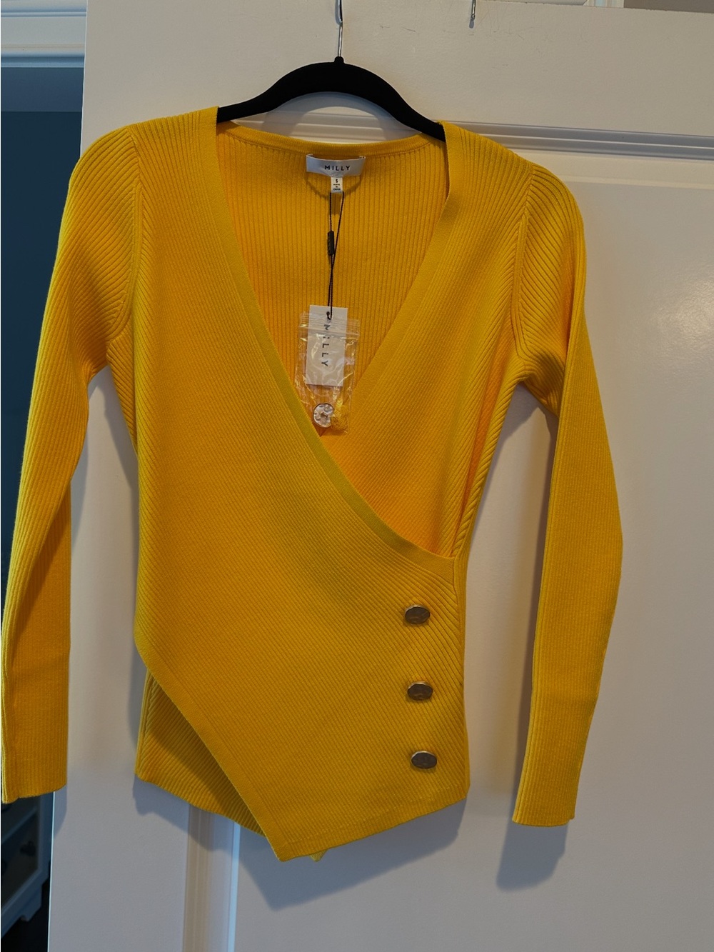 Brand New!!!!! Milly Yellow Ribbed V-Neck Wrap Sweater with Button Accents